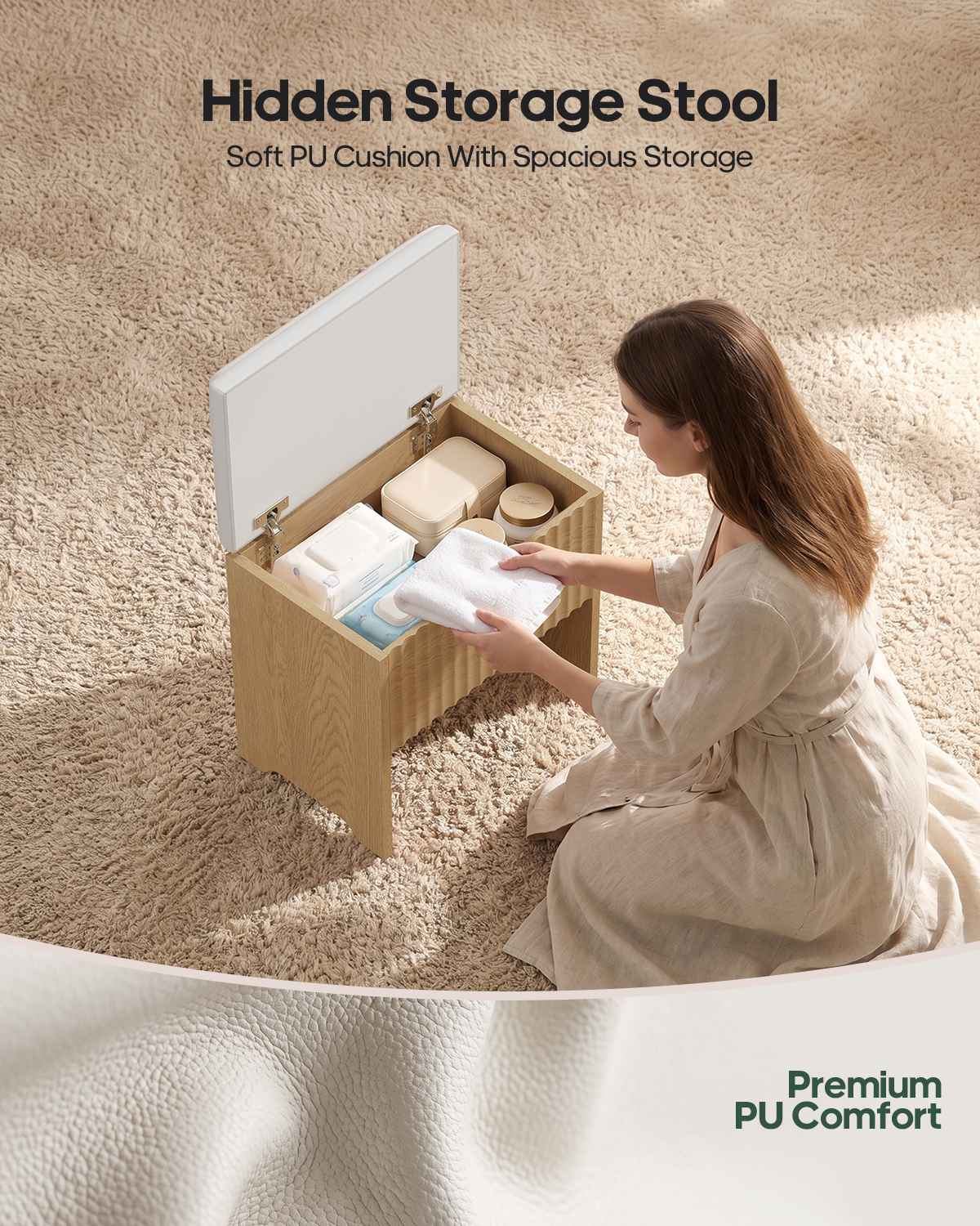 HAUOMS 31.5 inch Vanity with LED Mirror and 2 Drawers Arched Fluted Vanity Desk with Storage Stool and Arch Display Shelf and 6 Open Shelves