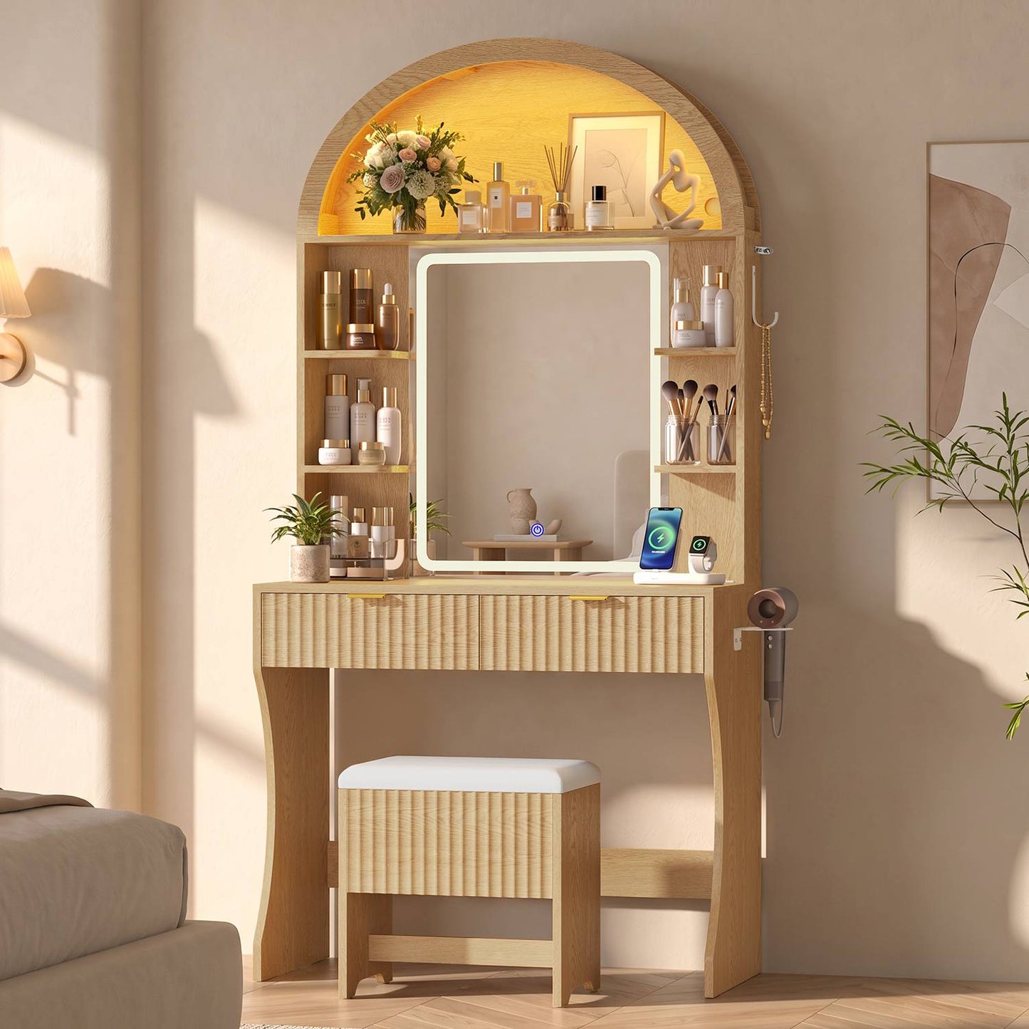 HAUOMS 31.5 inch Vanity with LED Mirror and 2 Drawers Arched Fluted Vanity Desk with Storage Stool and Arch Display Shelf and 6 Open Shelves