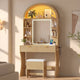 HAUOMS 31.5 inch Vanity with LED Mirror and 2 Drawers Arched Fluted Vanity Desk with Storage Stool and Arch Display Shelf and 6 Open Shelves