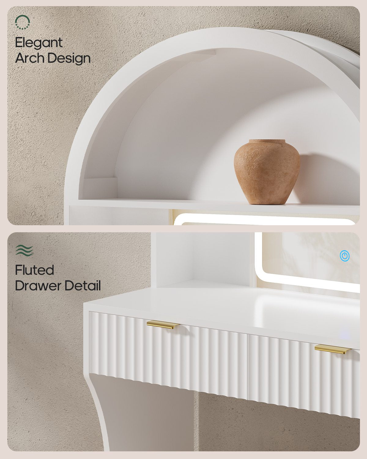 HAUOMS 31.5 inch Vanity with LED Mirror and 2 Drawers Arched Fluted Vanity Desk with Storage Stool and Arch Display Shelf and 6 Open Shelves