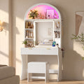 HAUOMS 31.5 inch Vanity with LED Mirror and 2 Drawers Arched Fluted Vanity Desk with Storage Stool and Arch Display Shelf and 6 Open Shelves