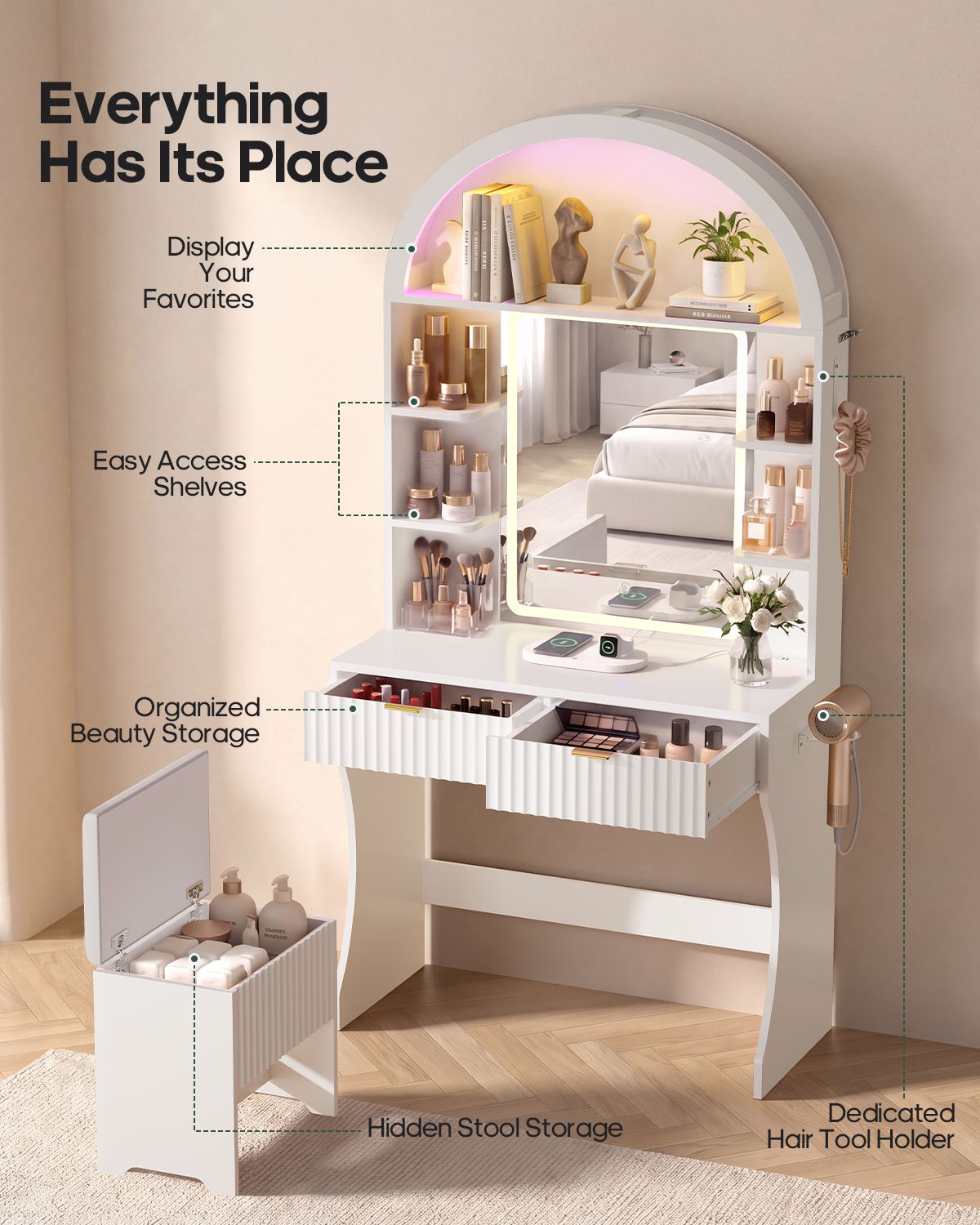 HAUOMS 31.5 inch Vanity with LED Mirror and 2 Drawers Arched Fluted Vanity Desk with Storage Stool and Arch Display Shelf and 6 Open Shelves