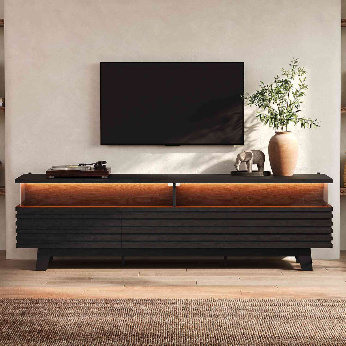 HAUOMS 70.9 Inch TV Stand with Hidden Power Station and LED Lights Fluted Modern TV Cabinet with Storage and Cable Management