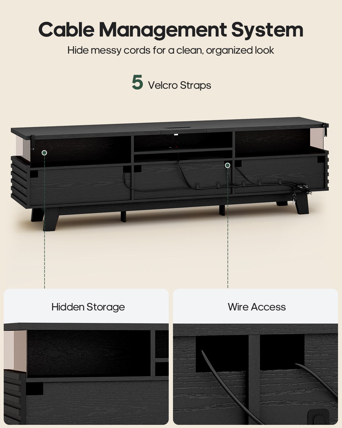 HAUOMS 70.9 Inch TV Stand with Hidden Power Station and LED Lights Fluted Modern TV Cabinet with Storage and Cable Management