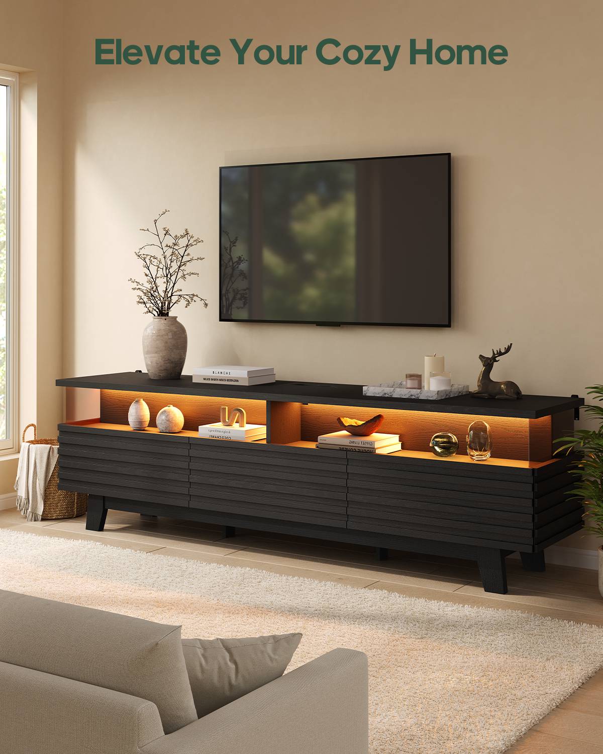 HAUOMS 70.9 Inch TV Stand with Hidden Power Station and LED Lights Fluted Modern TV Cabinet with Storage and Cable Management
