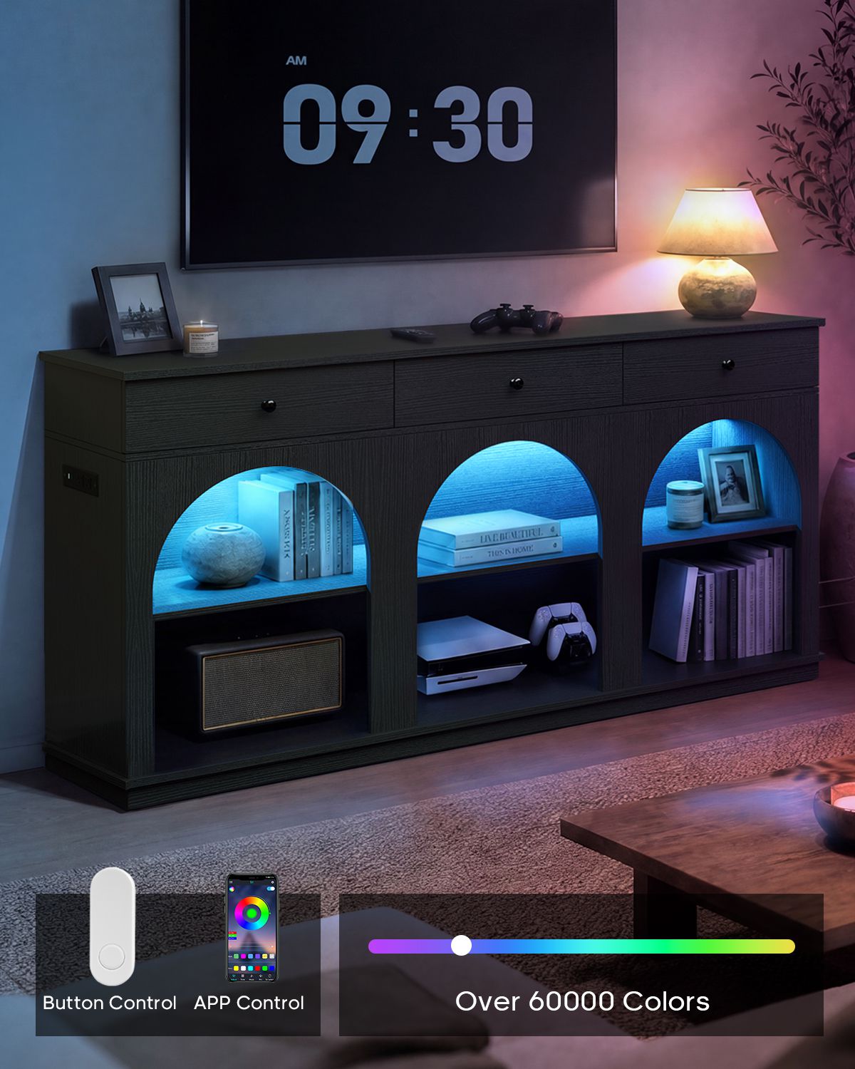 HAUOMS 63 inch Console Table with 3 Drawers and 3-Tier Storage Farmhouse Arched Table with RGB Lights and Charging Station for Entrance Hallway Foyer Living Room