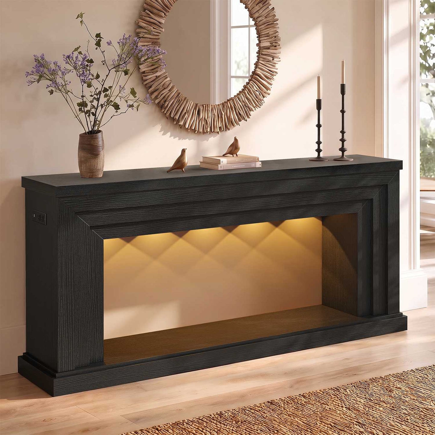 HAUOMS 55 inch Console Table with LED Lights and Power Outlet Entryway Table with Architectural frame and adjustable ambient lighting for hallway sofa or living room 
