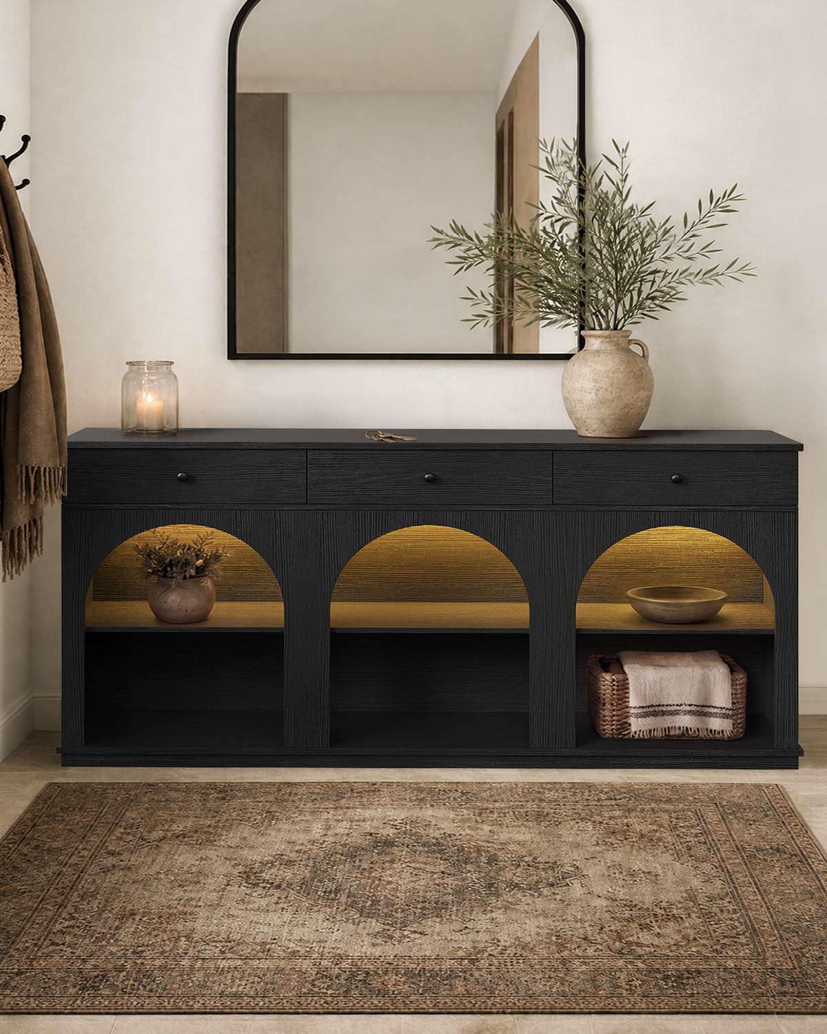 HAUOMS 63 inch Console Table with 3 Drawers and 3-Tier Storage Farmhouse Arched Table with RGB Lights and Charging Station for Entrance Hallway Foyer Living Room