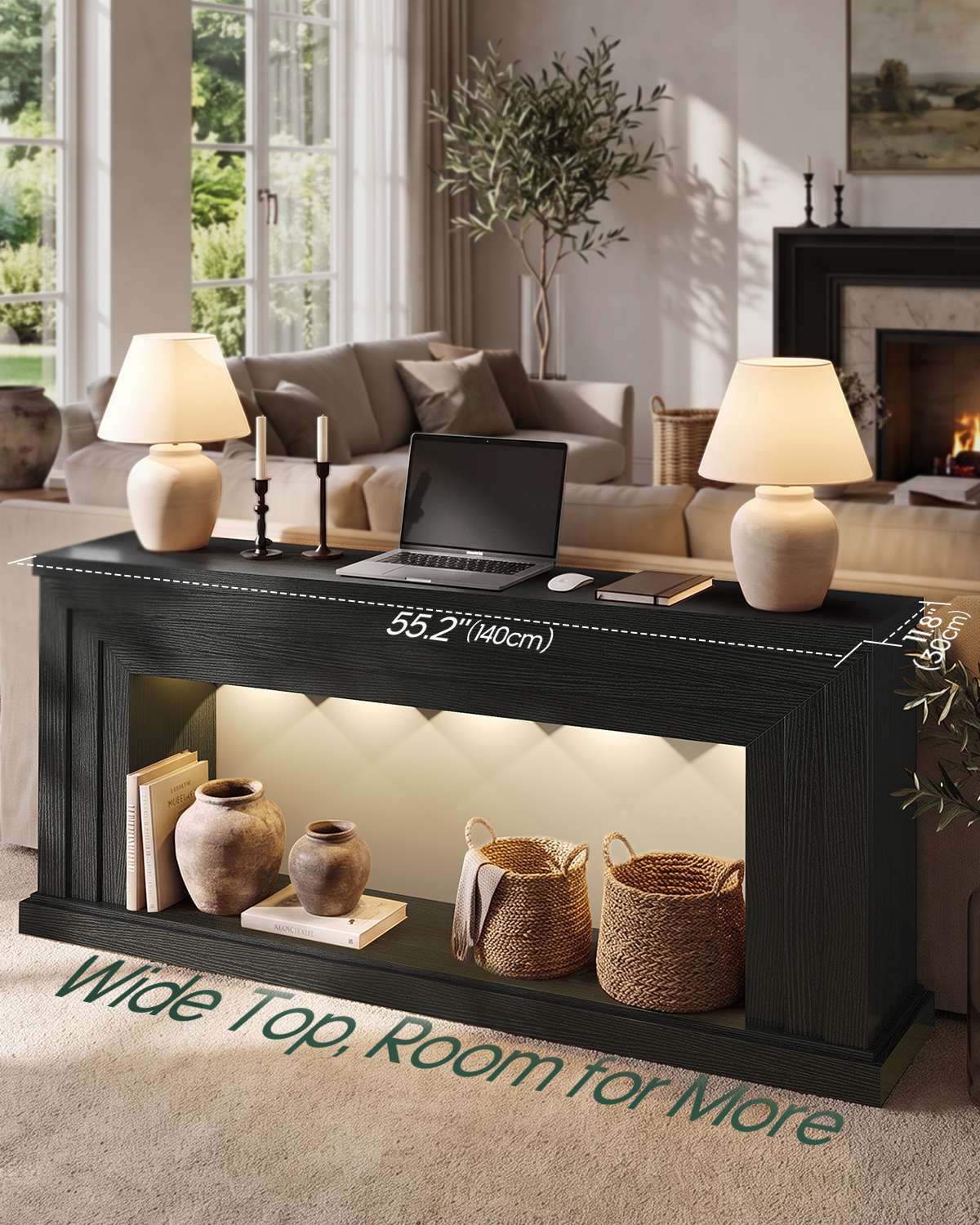 HAUOMS 55 inch Console Table with LED Lights and Power Outlet Entryway Table with Architectural frame and adjustable ambient lighting for hallway sofa or living room 