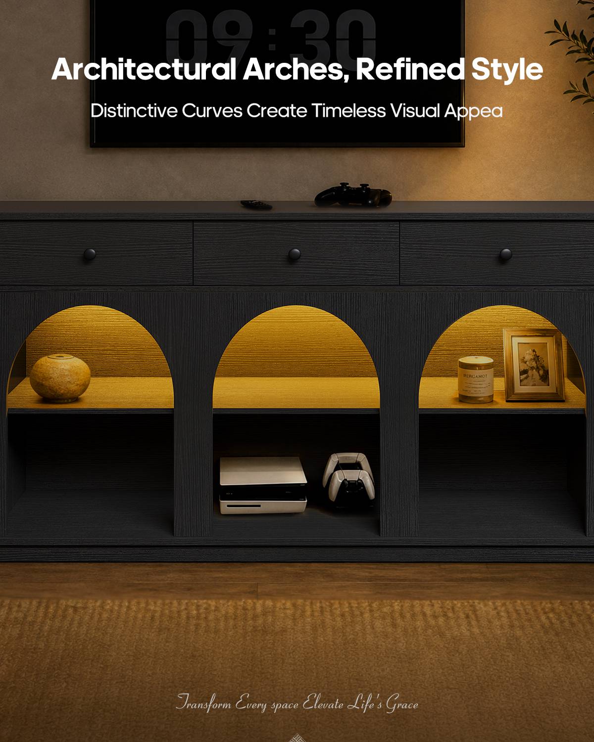 HAUOMS 63 inch Console Table with 3 Drawers and 3-Tier Storage Farmhouse Arched Table with RGB Lights and Charging Station for Entrance Hallway Foyer Living Room