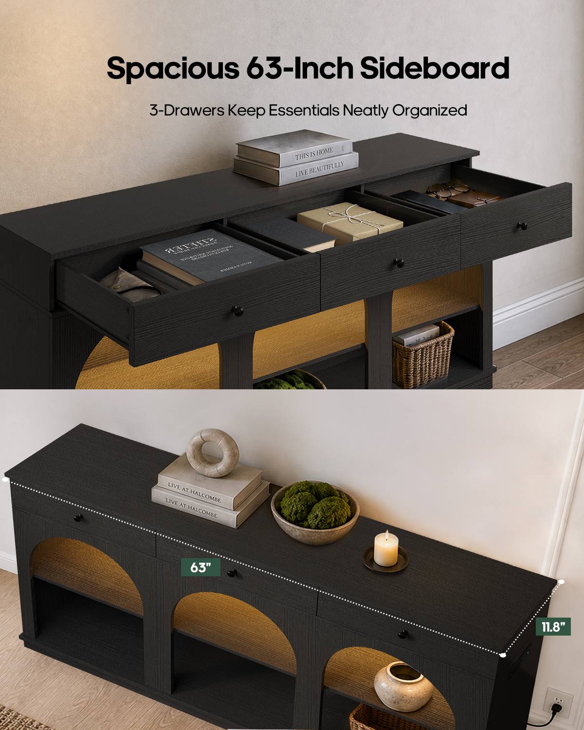 HAUOMS 63 inch Console Table with 3 Drawers and 3-Tier Storage Farmhouse Arched Table with RGB Lights and Charging Station for Entrance Hallway Foyer Living Room