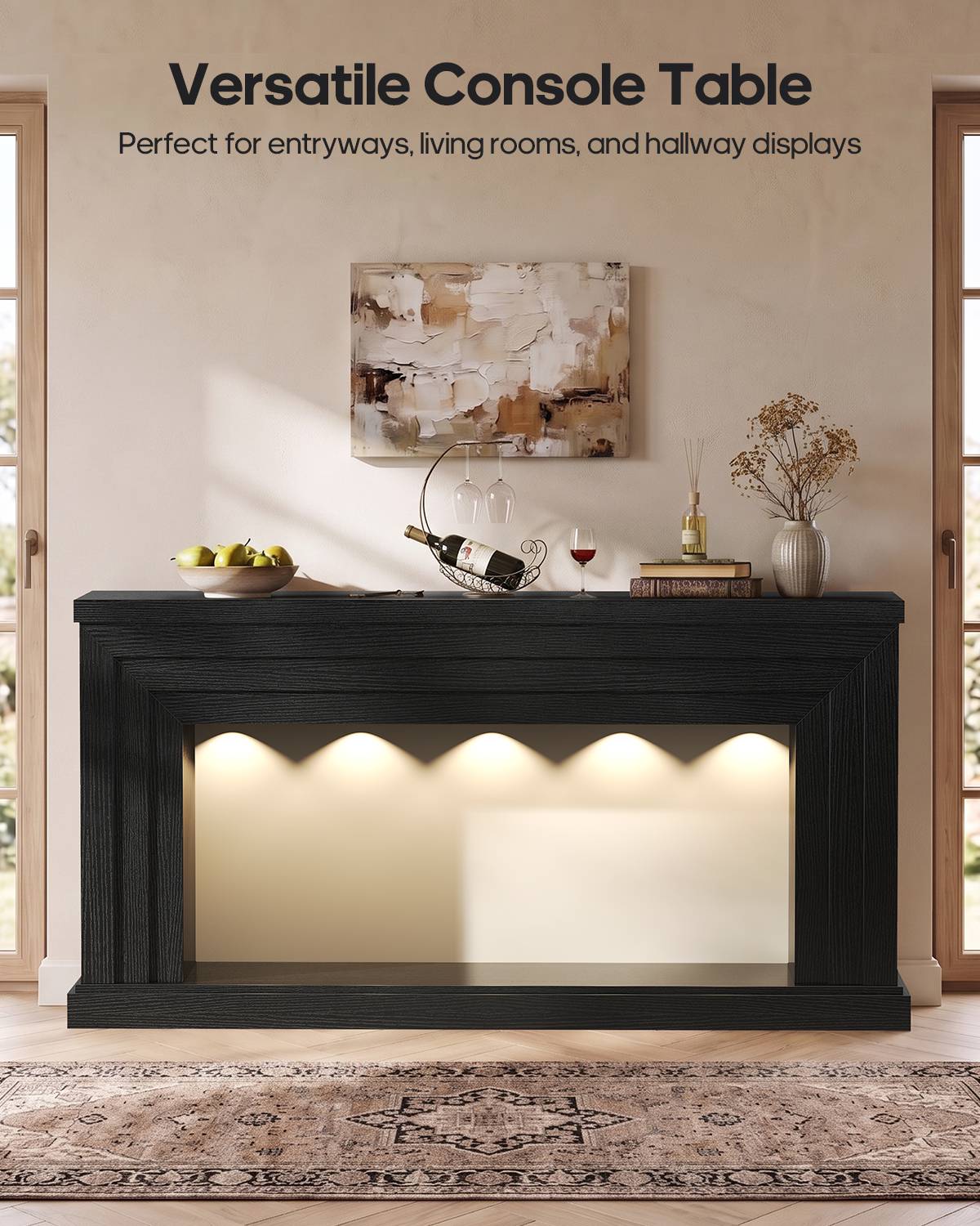 HAUOMS 55 inch Console Table with LED Lights and Power Outlet Entryway Table with Architectural frame and adjustable ambient lighting for hallway sofa or living room 