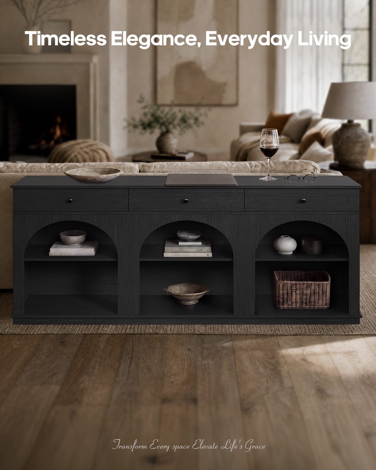 HAUOMS 63 inch Console Table with 3 Drawers and 3-Tier Storage Farmhouse Arched Table with RGB Lights and Charging Station for Entrance Hallway Foyer Living Room