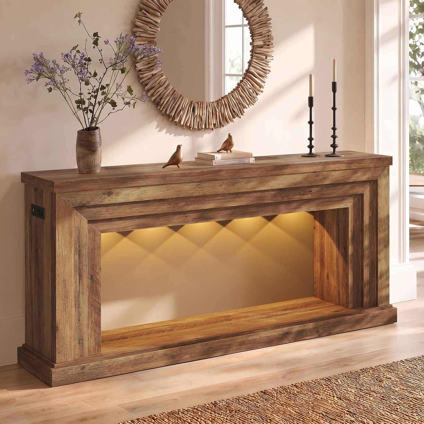 HAUOMS 55 inch Console Table with LED Lights and Power Outlet Entryway Table with Architectural frame and adjustable ambient lighting for hallway sofa or living room 