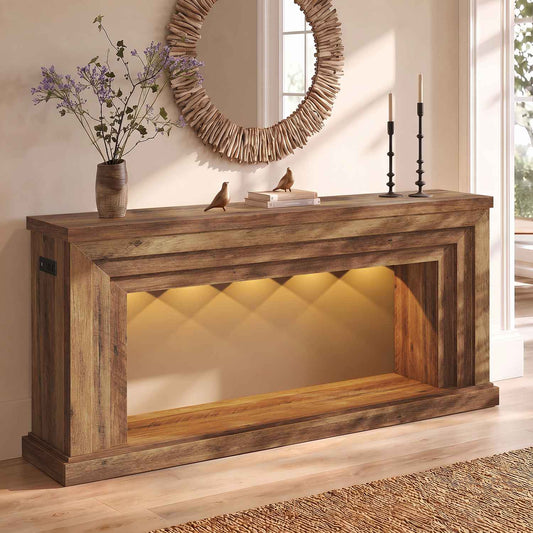 HAUOMS 55 inch Console Table with LED Lights and Power Outlet Entryway Table with Architectural frame and adjustable ambient lighting for hallway sofa or living room 