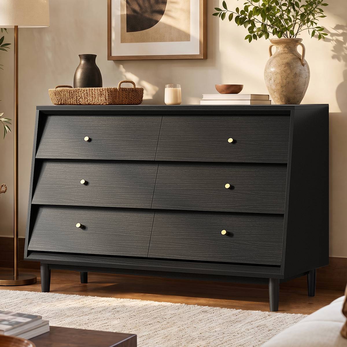 HAUOMS 47.2 inch Wide Dresser With 6 Drawers Modern Storage Chest for Bedroom Living Room and Hallway