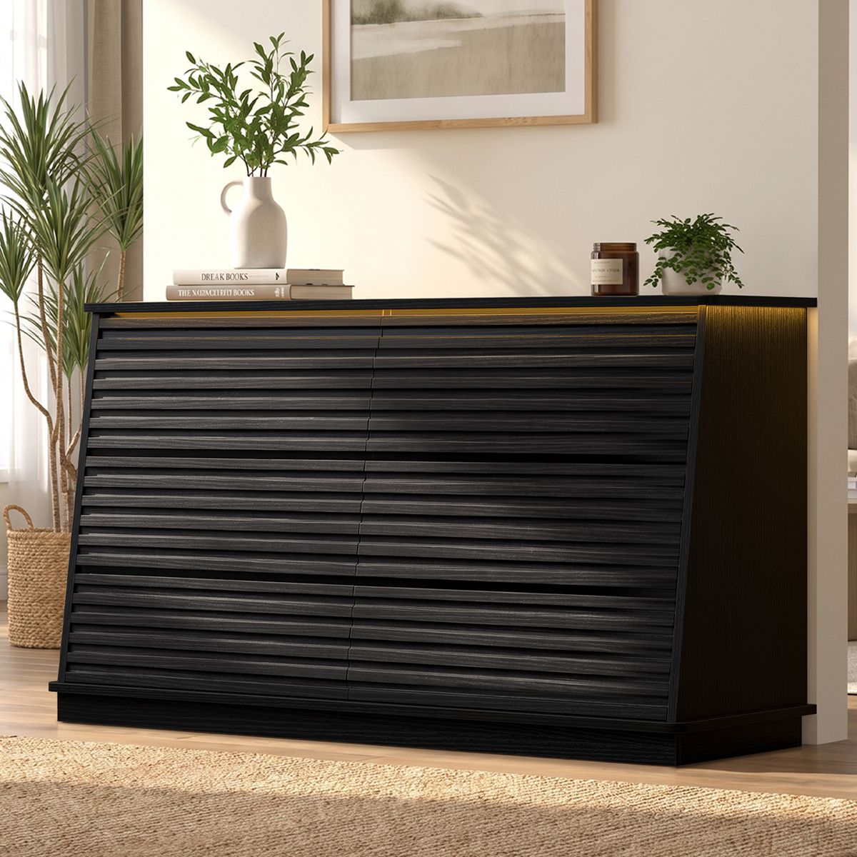 HAUOMS 47.3 Inch Wide Dresser with 6 Drawers and RGB LED Lights Modern Layered Panel Storage Chest for Bedroom Hallway