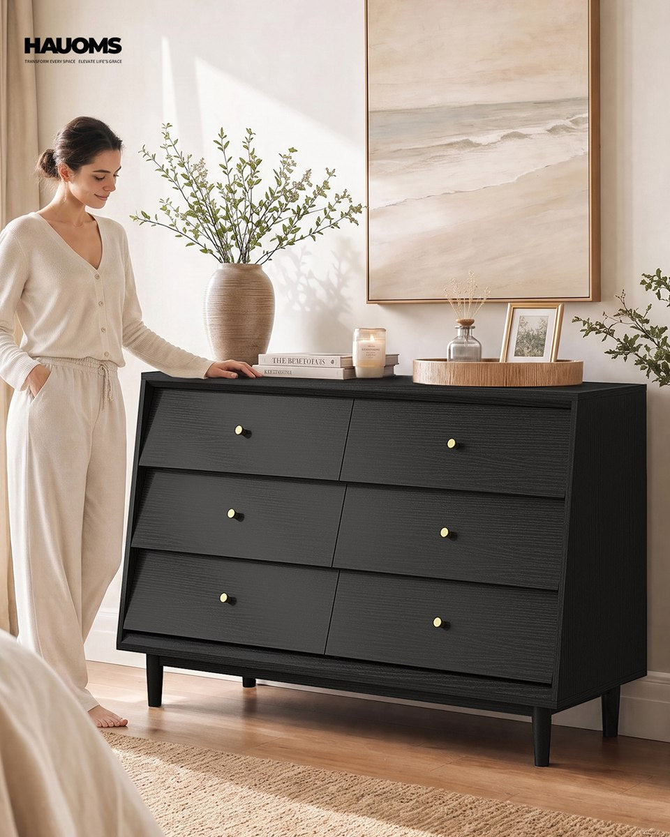 HAUOMS 47.2 inch Wide Dresser With 6 Drawers Modern Storage Chest for Bedroom Living Room and Hallway