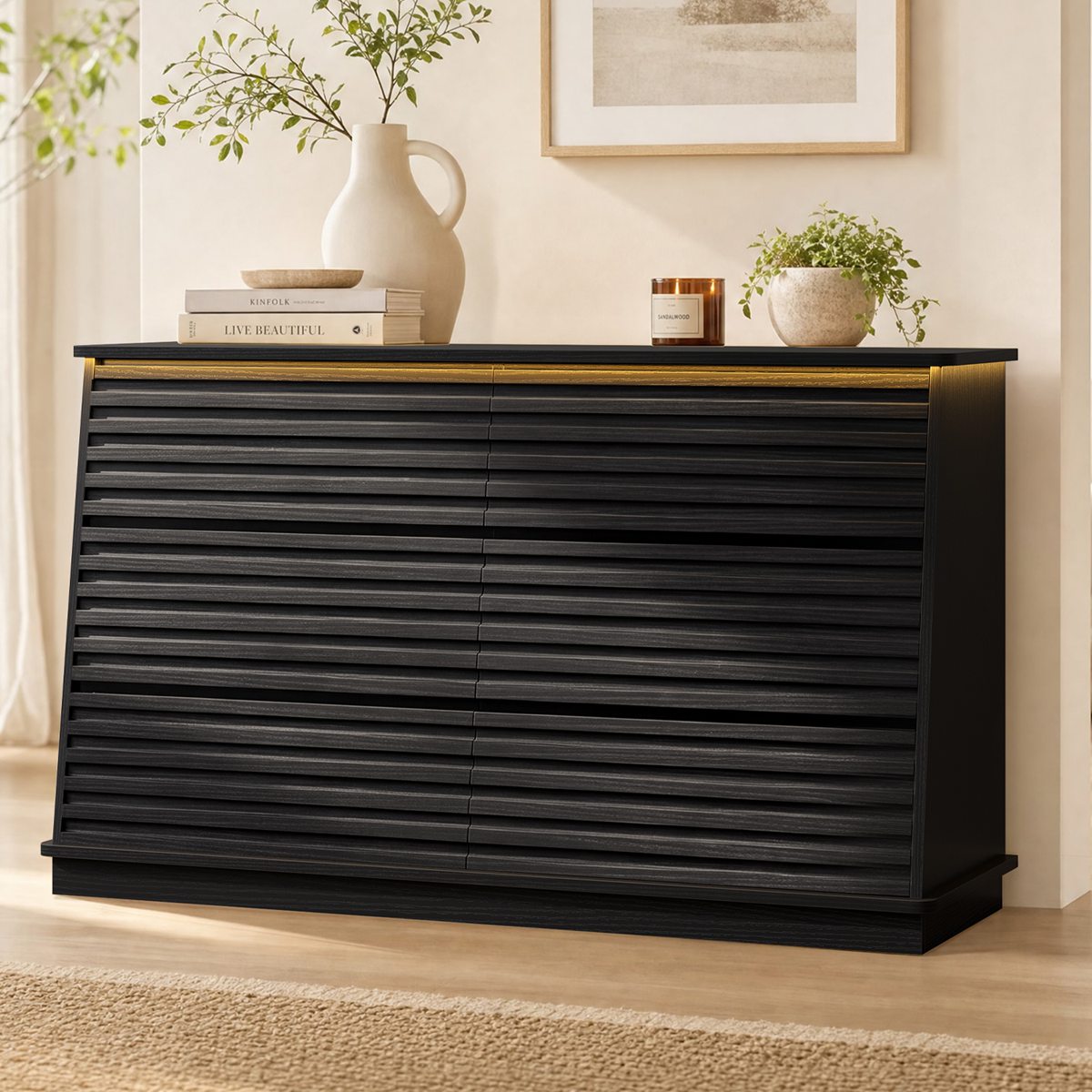 HAUOMS 47.3 Inch Wide Dresser with 6 Drawers and RGB LED Lights Modern Layered Panel Storage Chest for Bedroom Hallway