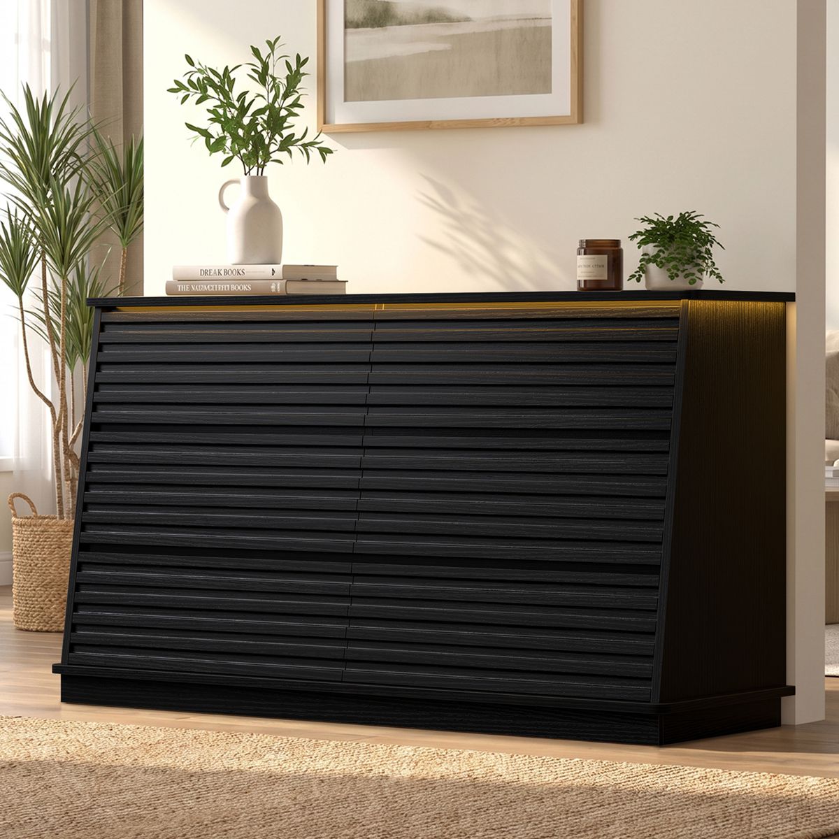 HAUOMS 47.3 Inch Wide Dresser with 6 Drawers and RGB LED Lights Modern Layered Panel Storage Chest for Bedroom Hallway