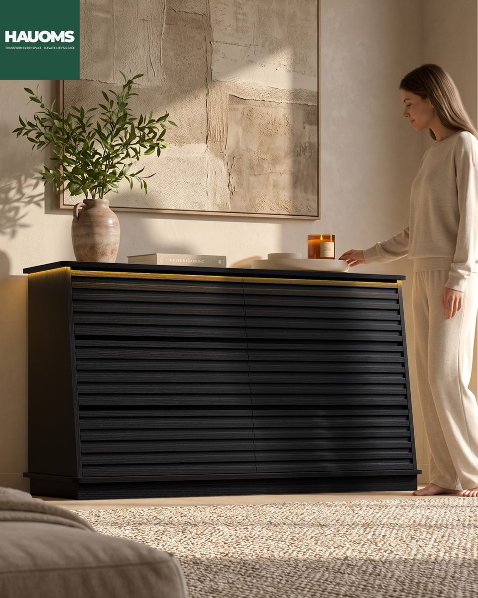 HAUOMS 47.3 Inch Wide Dresser with 6 Drawers and RGB LED Lights Modern Layered Panel Storage Chest for Bedroom Hallway