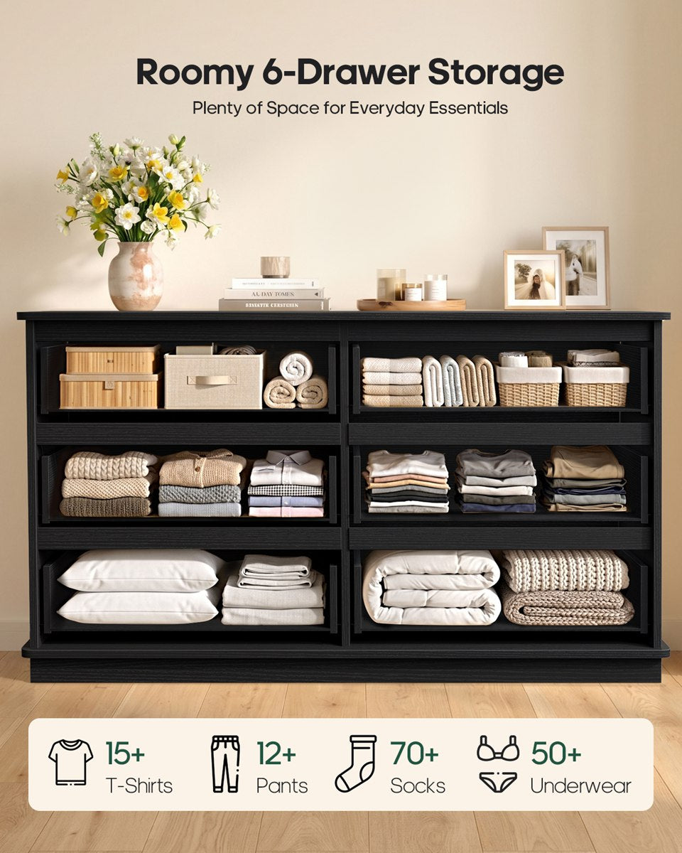 HAUOMS 47.3 Inch Wide Dresser with 6 Drawers and RGB LED Lights Modern Layered Panel Storage Chest for Bedroom Hallway