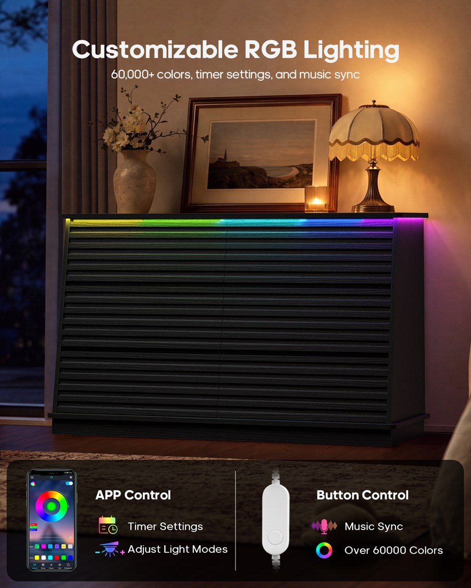 HAUOMS 47.3 Inch Wide Dresser with 6 Drawers and RGB LED Lights Modern Layered Panel Storage Chest for Bedroom Hallway