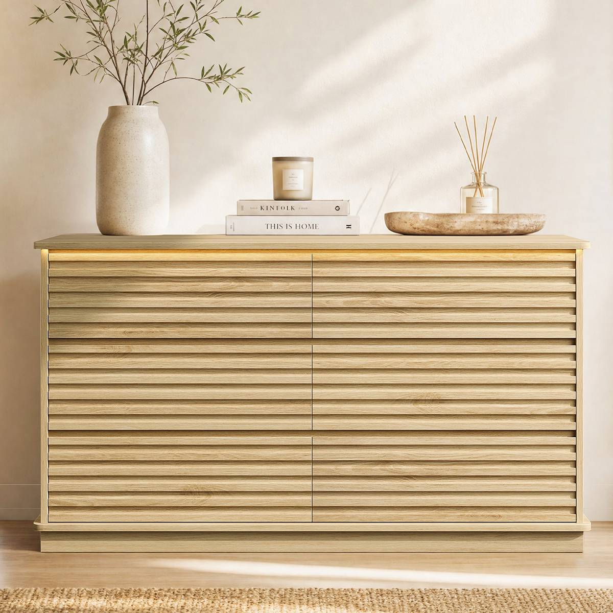 HAUOMS 47.3 Inch Wide Dresser with 6 Drawers and RGB LED Lights Modern Layered Panel Storage Chest for Bedroom Hallway