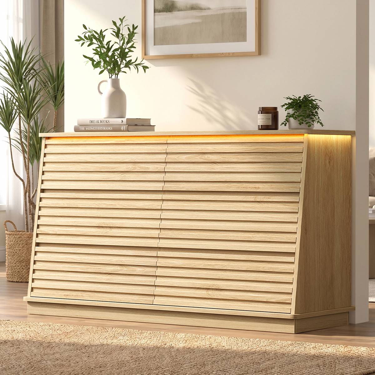 HAUOMS 47.3 Inch Wide Dresser with 6 Drawers and RGB LED Lights Modern Layered Panel Storage Chest for Bedroom Hallway