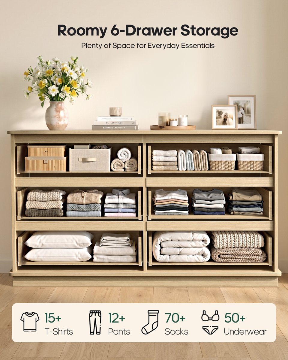 HAUOMS 47.3 Inch Wide Dresser with 6 Drawers and RGB LED Lights Modern Layered Panel Storage Chest for Bedroom Hallway
