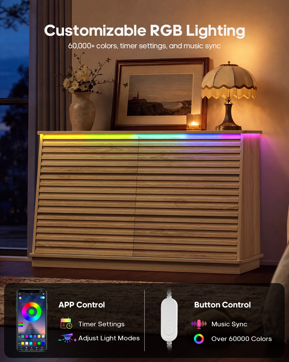 HAUOMS 47.3 Inch Wide Dresser with 6 Drawers and RGB LED Lights Modern Layered Panel Storage Chest for Bedroom Hallway