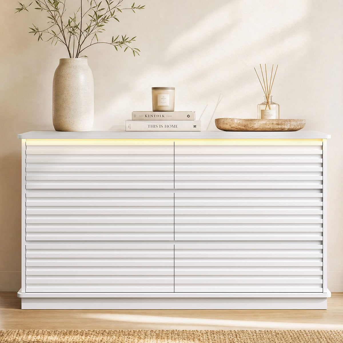 HAUOMS 47.3 Inch Wide Dresser with 6 Drawers and RGB LED Lights Modern Layered Panel Storage Chest for Bedroom Hallway