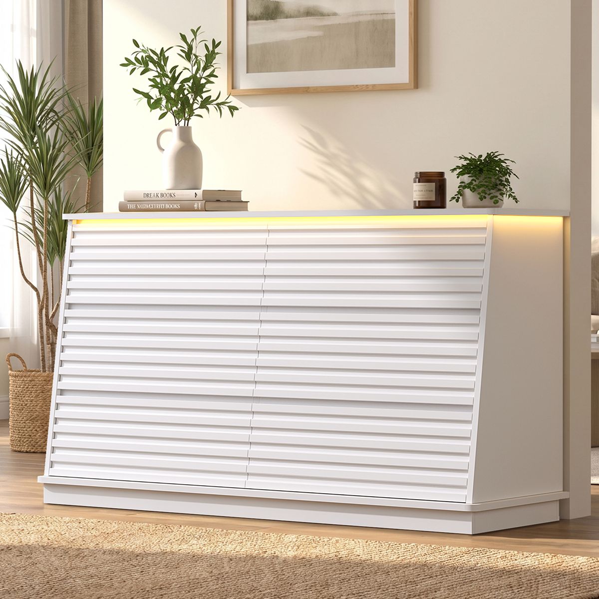 HAUOMS 47.3 Inch Wide Dresser with 6 Drawers and RGB LED Lights Modern Layered Panel Storage Chest for Bedroom Hallway