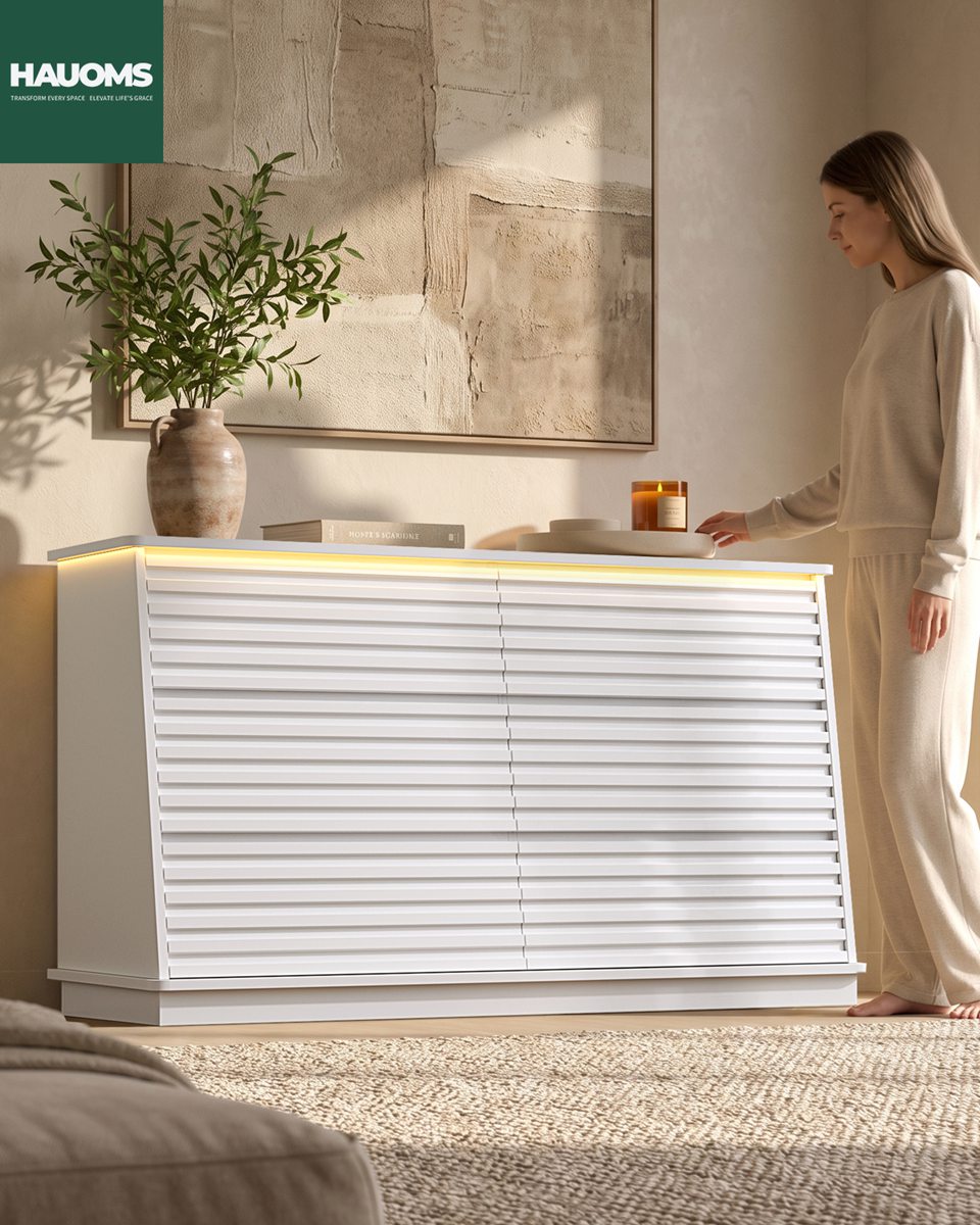 HAUOMS 47.3 Inch Wide Dresser with 6 Drawers and RGB LED Lights Modern Layered Panel Storage Chest for Bedroom Hallway