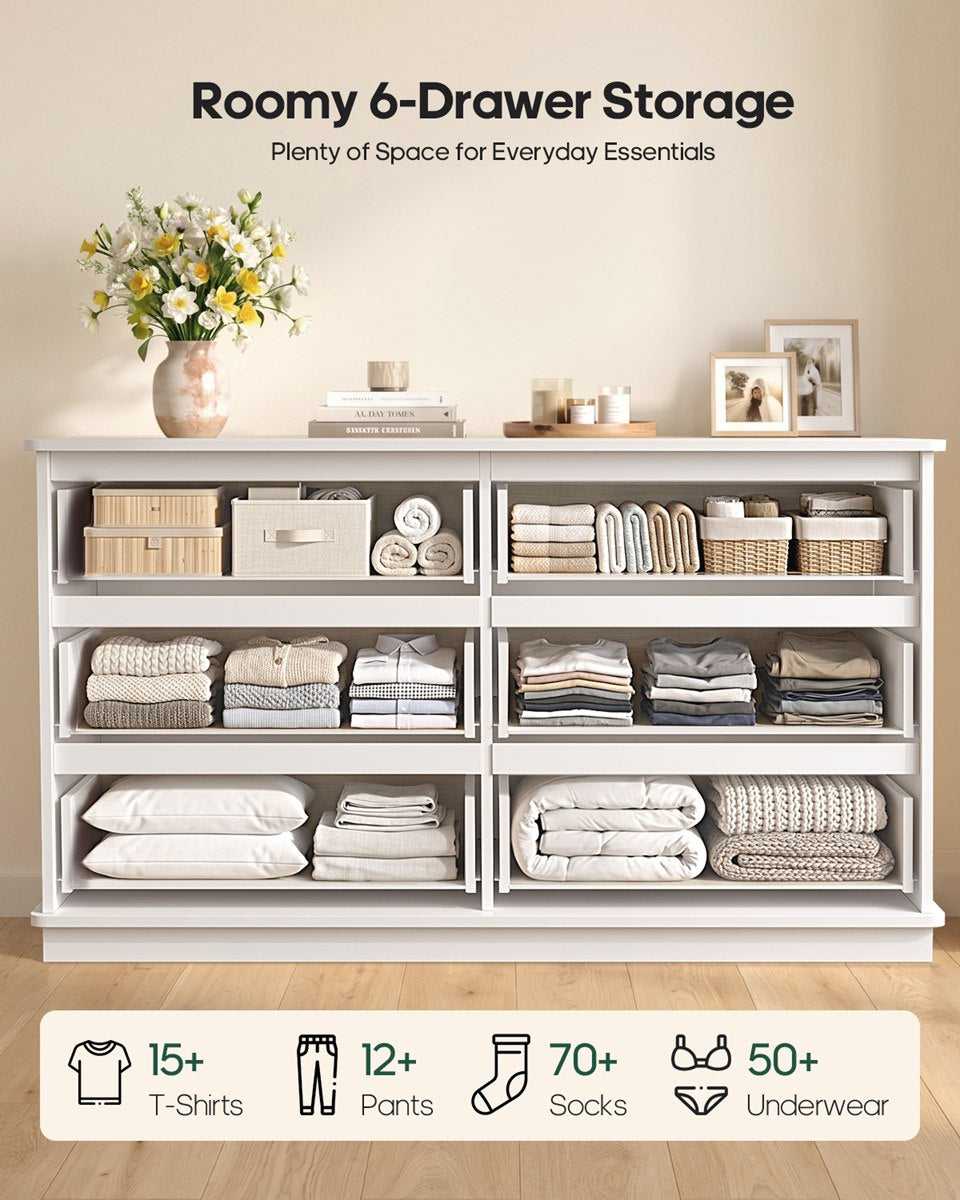 HAUOMS 47.3 Inch Wide Dresser with 6 Drawers and RGB LED Lights Modern Layered Panel Storage Chest for Bedroom Hallway