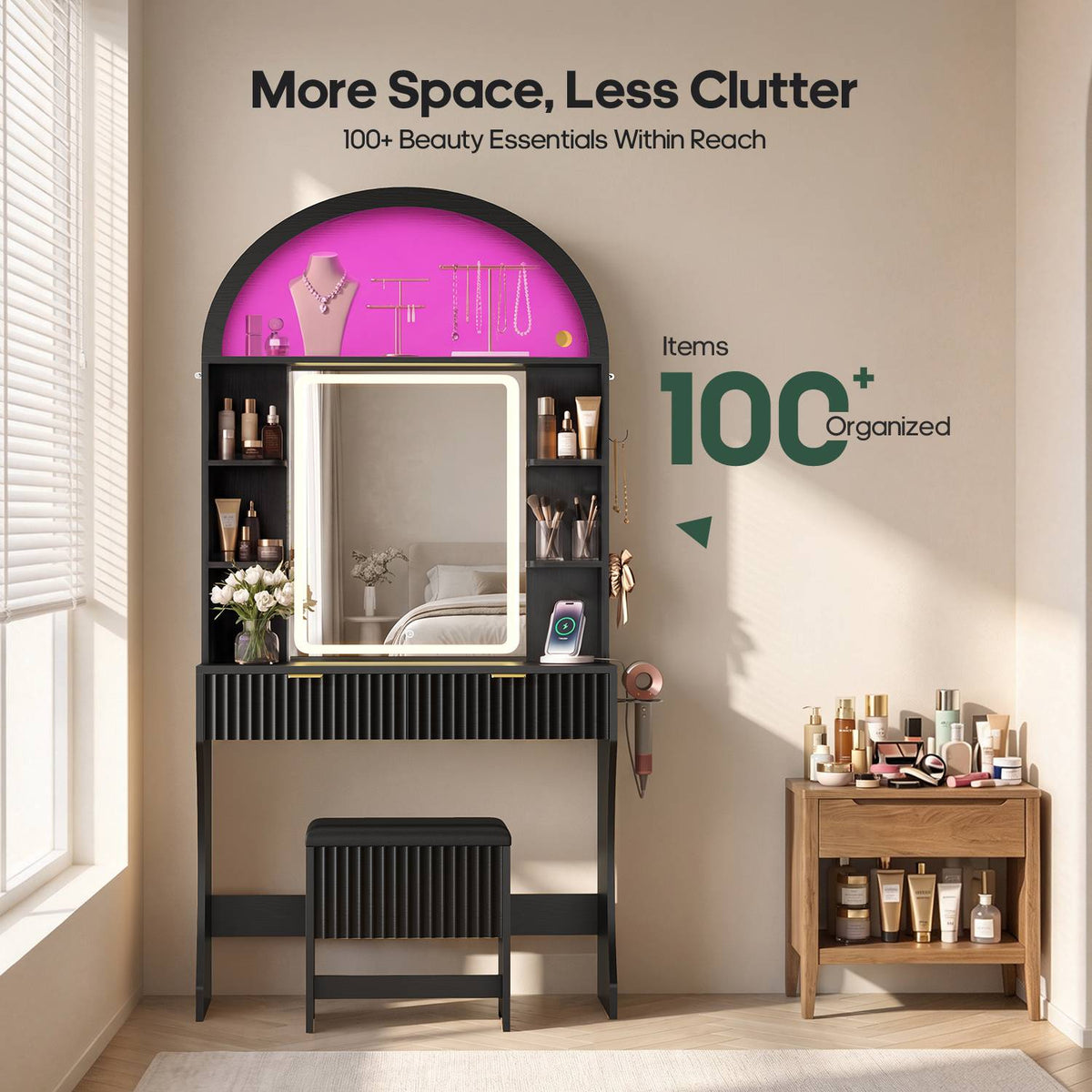 HAUOMS 31.5 inch Vanity with LED Mirror and 2 Drawers Arched Fluted Vanity Desk with Storage Stool and Arch Display Shelf and 6 Open Shelves