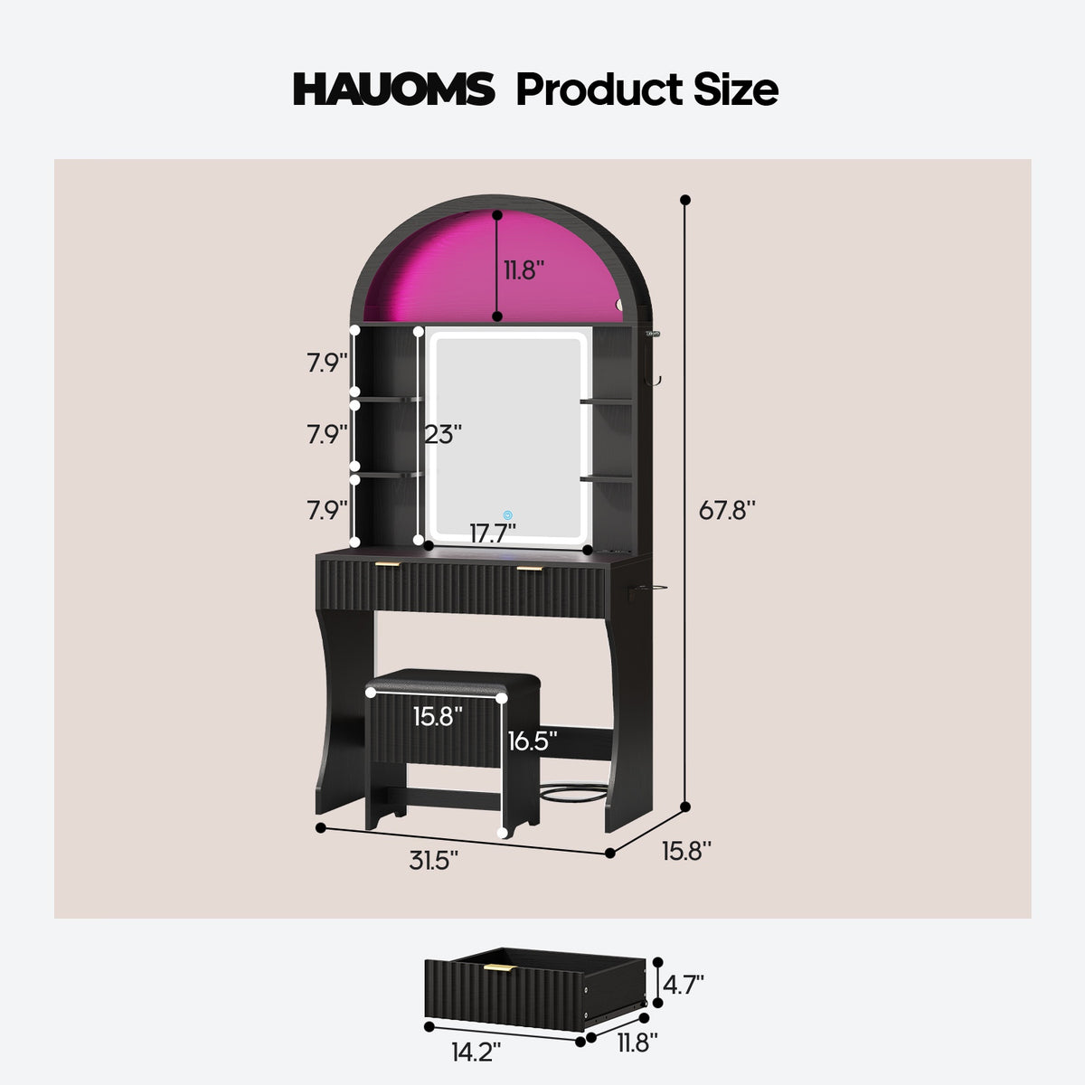 HAUOMS 31.5 inch Vanity with LED Mirror and 2 Drawers Arched Fluted Vanity Desk with Storage Stool and Arch Display Shelf and 6 Open Shelves