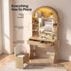 HAUOMS 31.5 inch Vanity with LED Mirror and 2 Drawers Arched Fluted Vanity Desk with Storage Stool and Arch Display Shelf and 6 Open Shelves