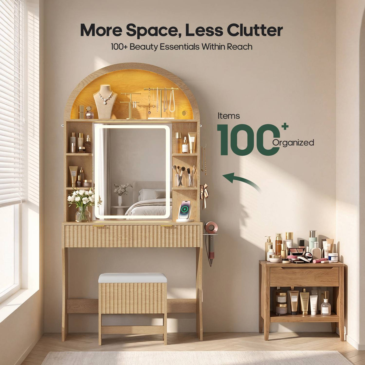 HAUOMS 31.5 inch Vanity with LED Mirror and 2 Drawers Arched Fluted Vanity Desk with Storage Stool and Arch Display Shelf and 6 Open Shelves