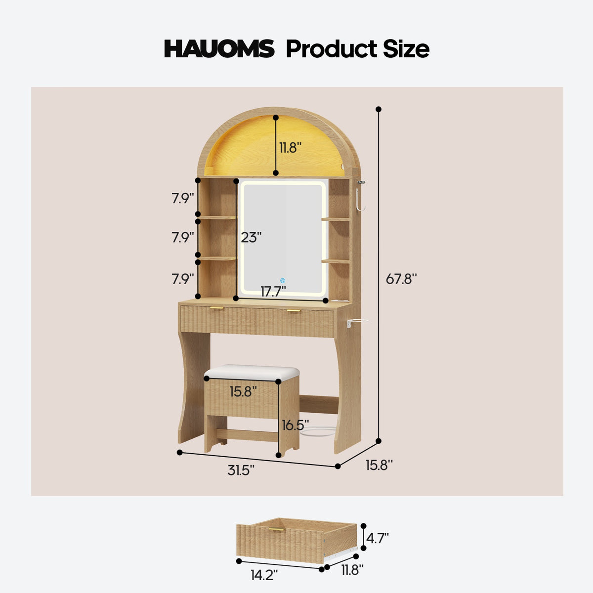 HAUOMS 31.5 inch Vanity with LED Mirror and 2 Drawers Arched Fluted Vanity Desk with Storage Stool and Arch Display Shelf and 6 Open Shelves