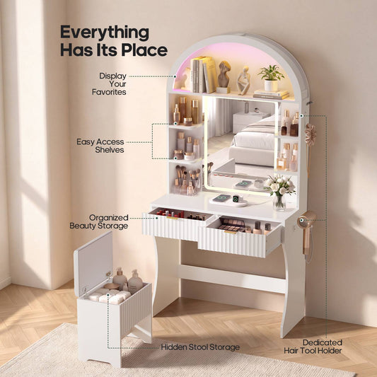 HAUOMS 31.5 inch Vanity with LED Mirror and 2 Drawers Arched Fluted Vanity Desk with Storage Stool and Arch Display Shelf and 6 Open Shelves