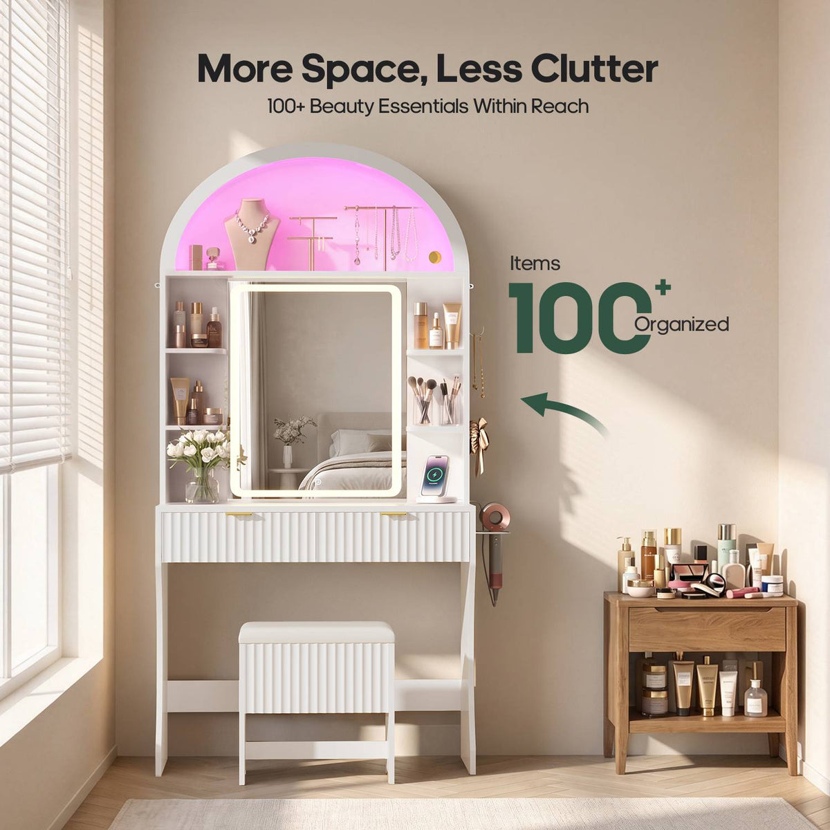 HAUOMS 31.5 inch Vanity with LED Mirror and 2 Drawers Arched Fluted Vanity Desk with Storage Stool and Arch Display Shelf and 6 Open Shelves