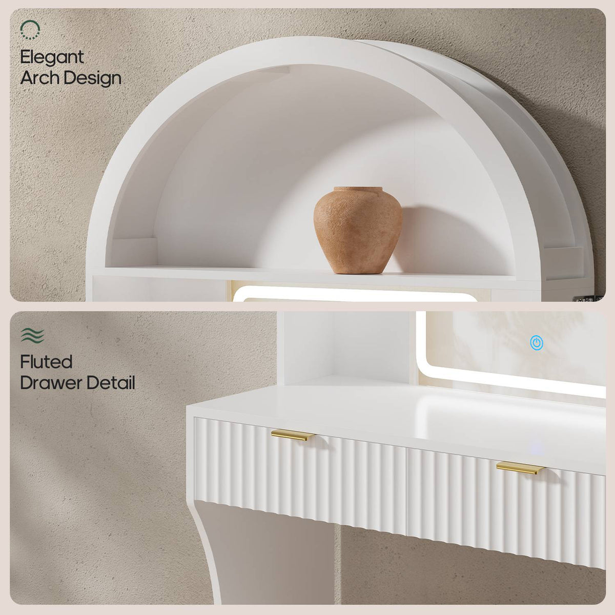 HAUOMS 31.5 inch Vanity with LED Mirror and 2 Drawers Arched Fluted Vanity Desk with Storage Stool and Arch Display Shelf and 6 Open Shelves