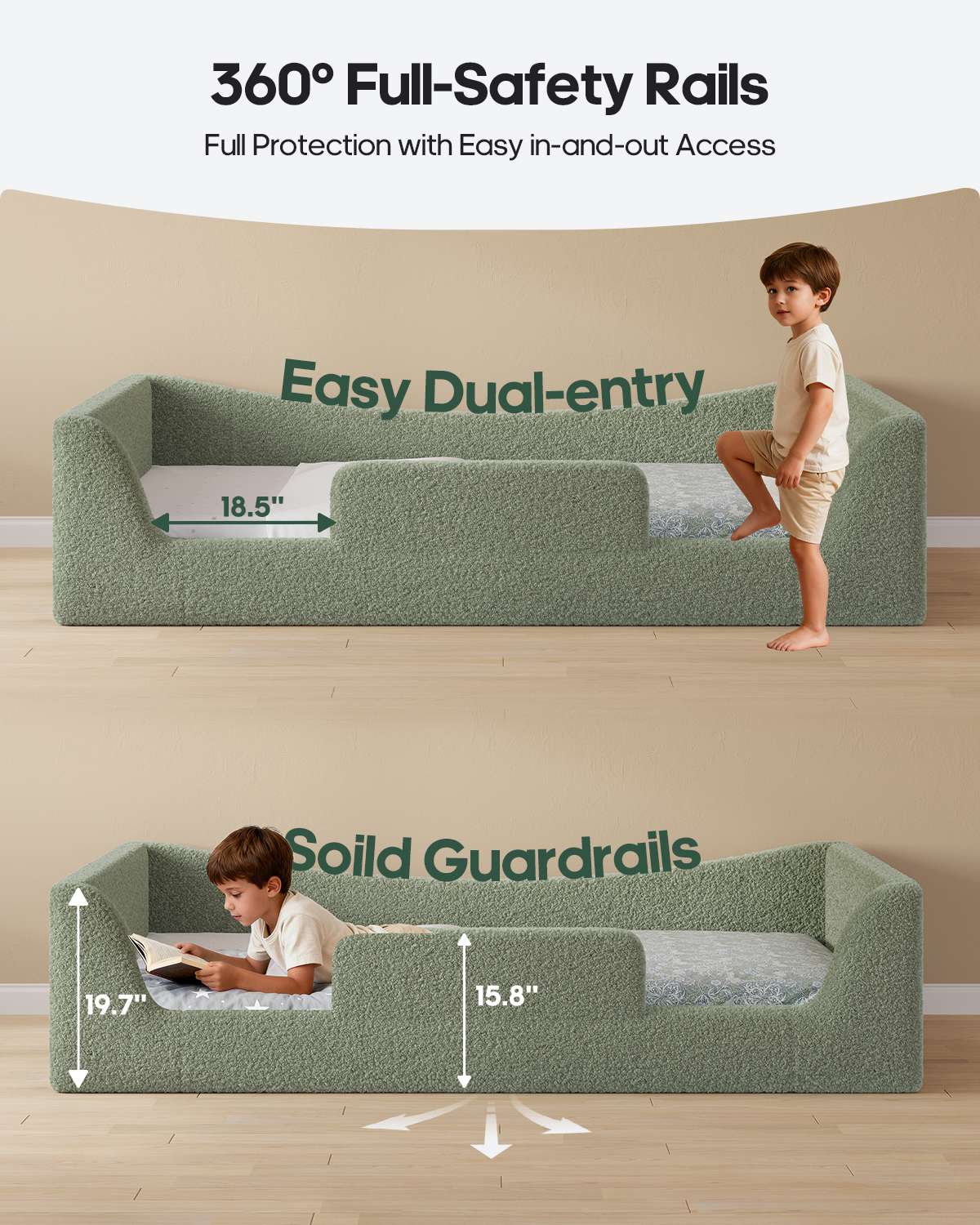 HAUOMS Twin Floor Bed with Slats and High Rails Upholstered  2-in-1 Beds with Teddy Boucle Curve Round Frame for Girls and Boys