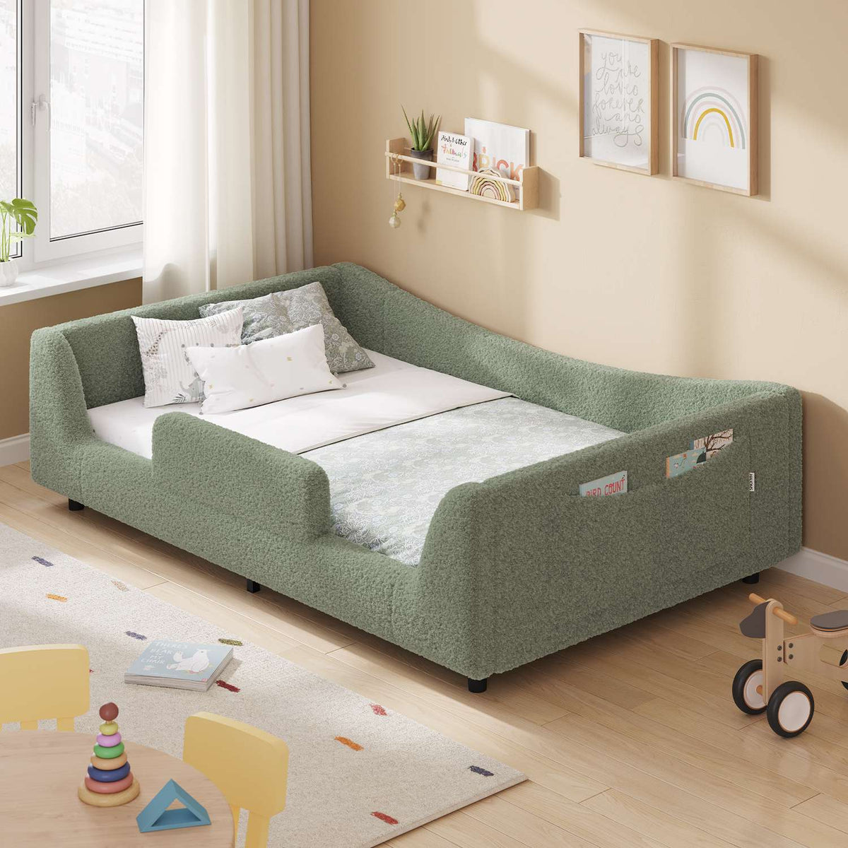 HAUOMS Twin Floor Bed with Slats and High Rails Upholstered  2-in-1 Beds with Teddy Boucle Curve Round Frame for Girls and Boys