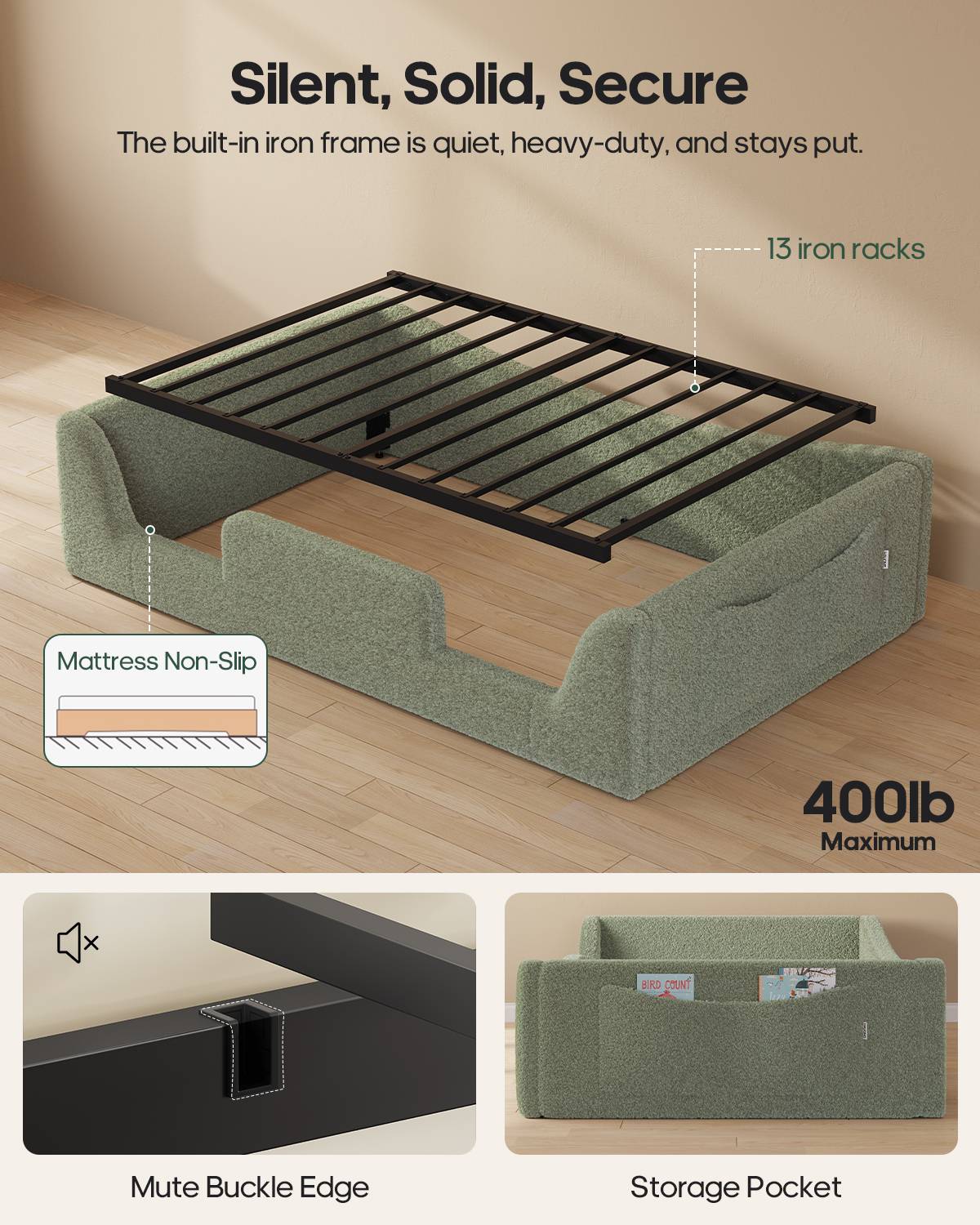 HAUOMS Twin Floor Bed with Slats and High Rails Upholstered  2-in-1 Beds with Teddy Boucle Curve Round Frame for Girls and Boys