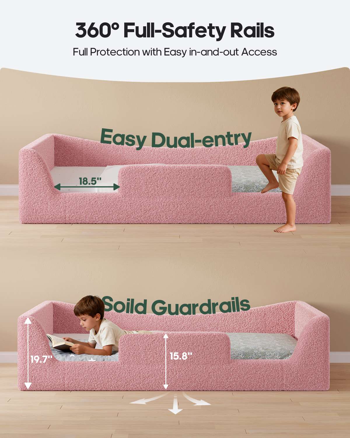 HAUOMS Twin Floor Bed with Slats and High Rails Upholstered  2-in-1 Beds with Teddy Boucle Curve Round Frame for Girls and Boys