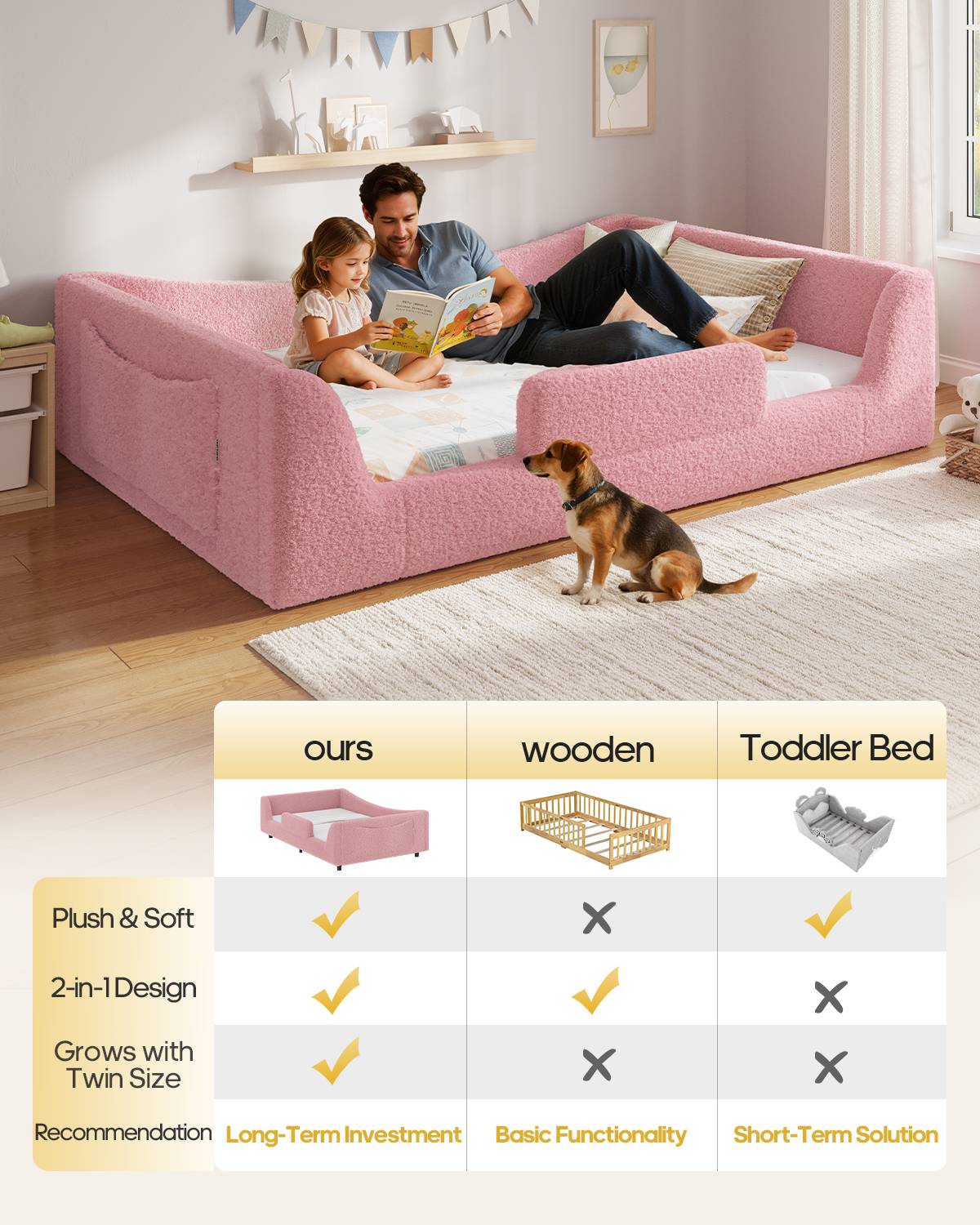 HAUOMS Twin Floor Bed with Slats and High Rails Upholstered  2-in-1 Beds with Teddy Boucle Curve Round Frame for Girls and Boys