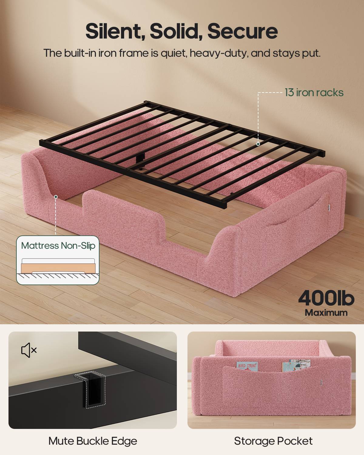 HAUOMS Twin Floor Bed with Slats and High Rails Upholstered  2-in-1 Beds with Teddy Boucle Curve Round Frame for Girls and Boys