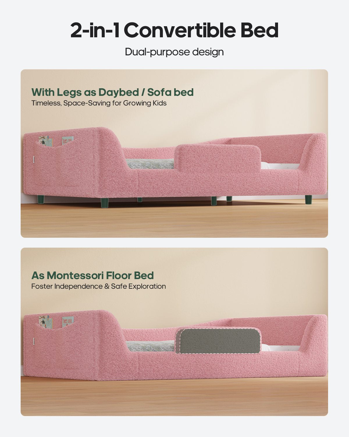 HAUOMS Twin Floor Bed with Slats and High Rails Upholstered  2-in-1 Beds with Teddy Boucle Curve Round Frame for Girls and Boys